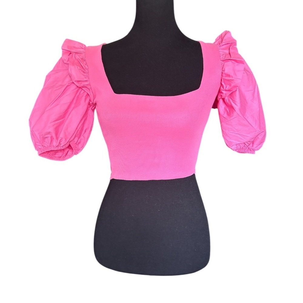 Zara Pink Puff Sleeve Square Neck Rib Knit Crop Top, Small, Festival, Date Night